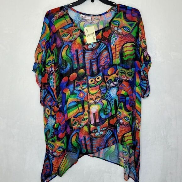 Sterling Styles Wearable Art The Owl and The Cat Sheer Top - Picture 1 of 9